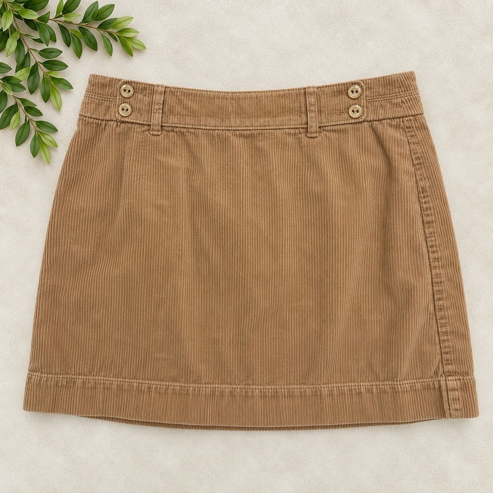 LOFT Corduroy Mini Skirt Camel Button Detail Cotton Casual Academia Fall Sz 8